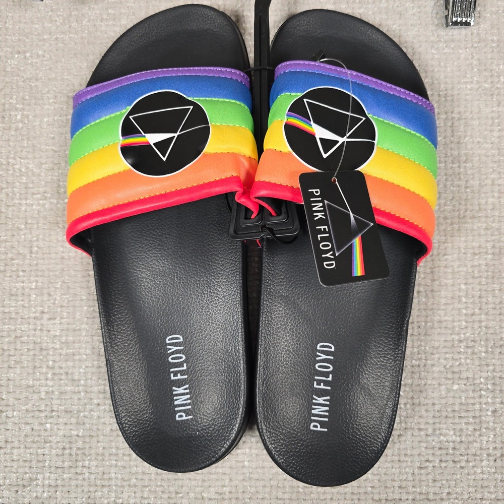 Pink Floyd Dark Side of the Moon Rainbow Slide Sandals Mens XL Black Bioworld